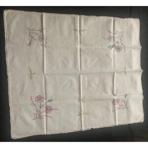 Vintage Embroidered Floral Tablecloth with Crochet Edge 37x45